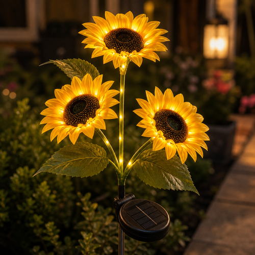 Auré Sunflower Glow solar stake — three lifelike sunflower heads on a clean beige backdrop in daylight