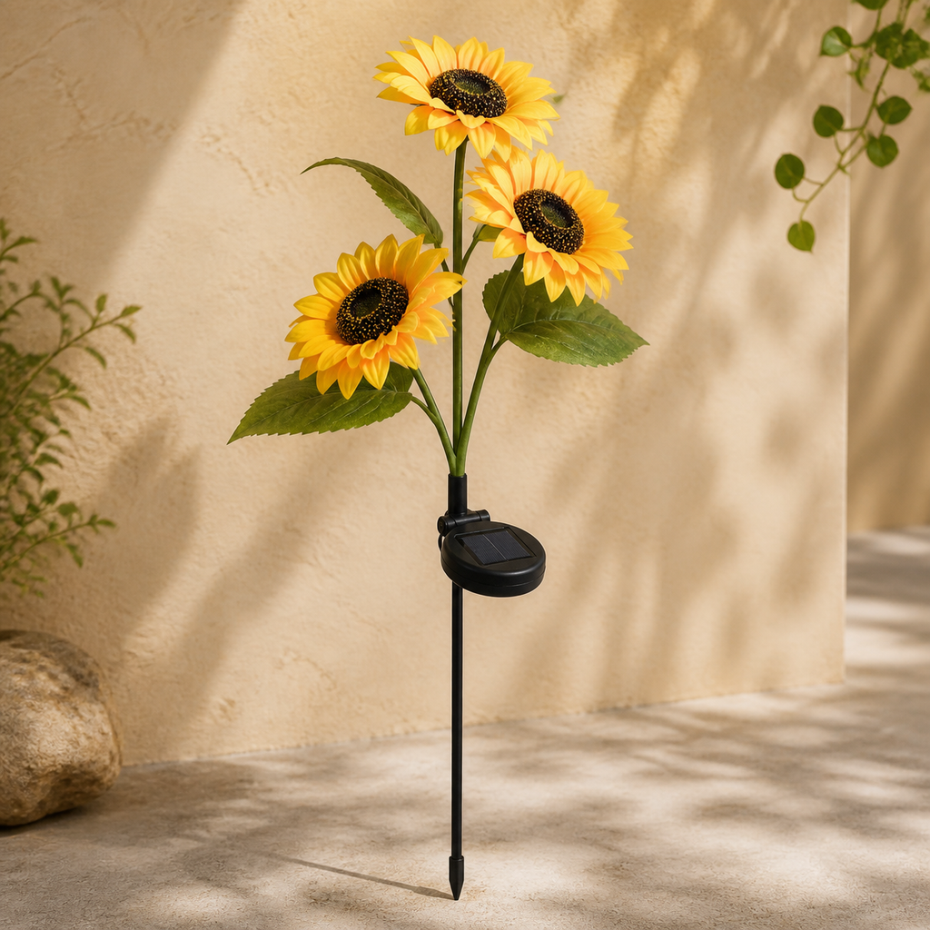 Auré Sunflower Glow solar garden lights glowing warm amber at dusk by a front door