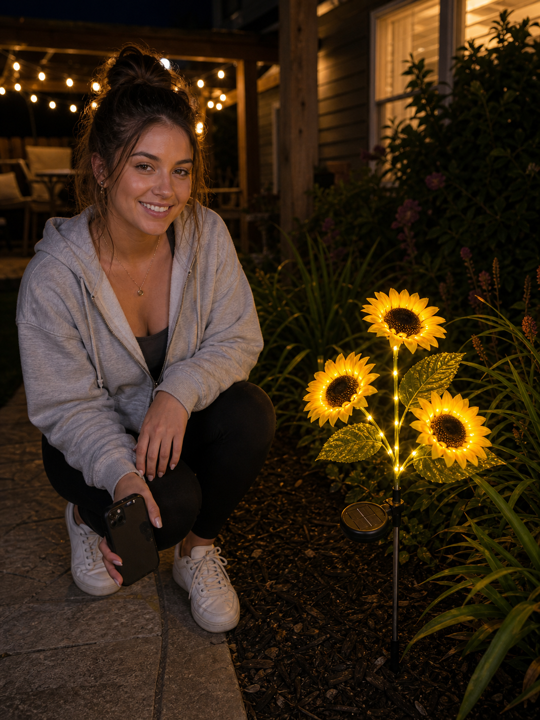 Customer next to glowing Auré Sunflower Glow lights in her backyard at night with string lights overhead