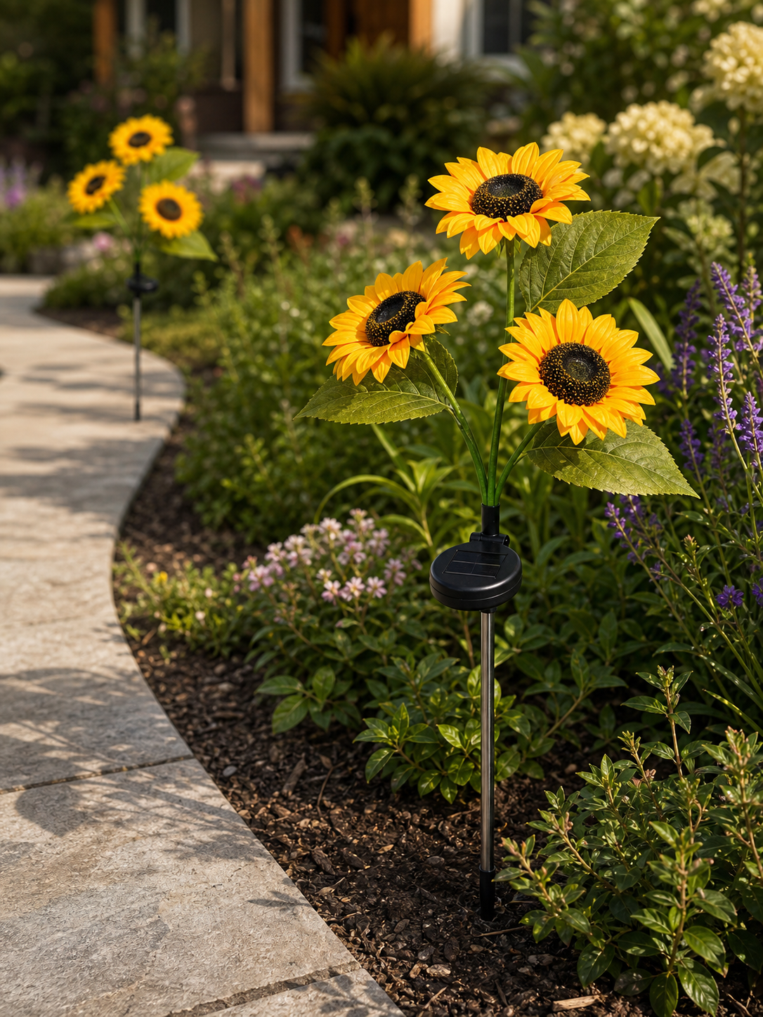 Auré Sunflower Glow solar lights lining a stone walkway in a sunny lavender garden